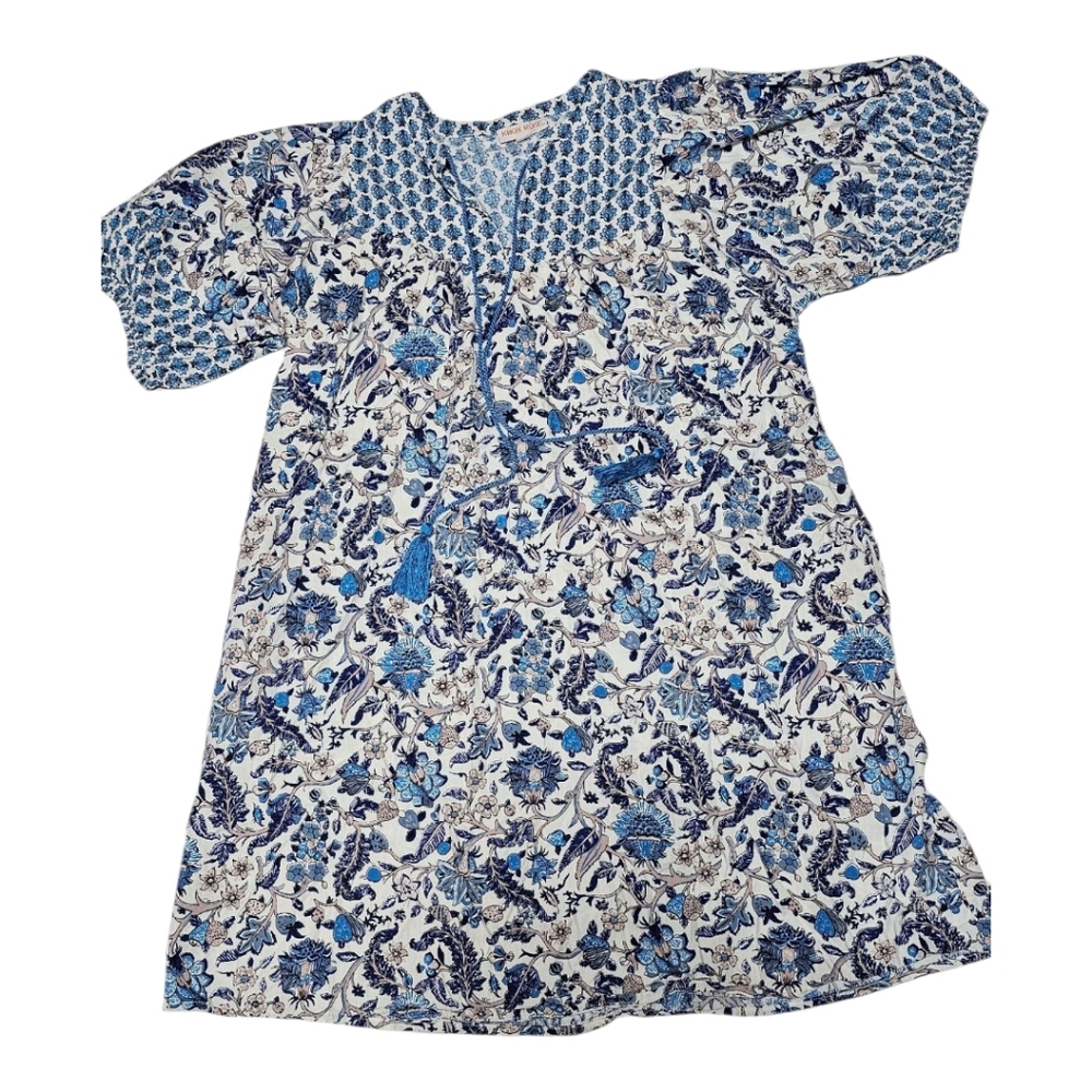 EUC Target Knox Rose Short Sleeve A-line Tassel Dress Light Blue Floral SMALL